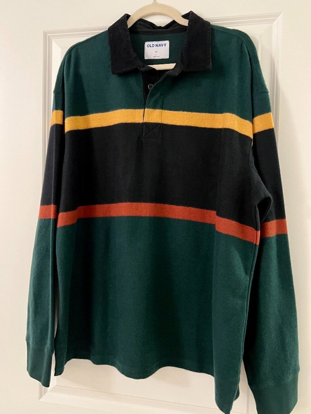 Old Navy Hunter Green Navy Blue Burgundy Stripe Rugby Shirt, NEW